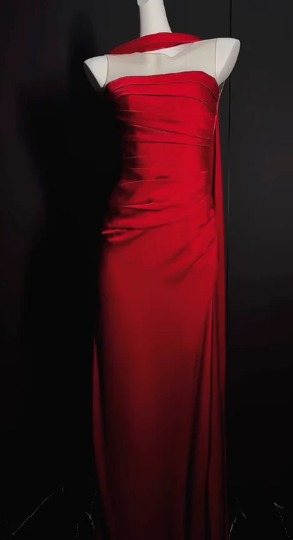 Red Fitted Prom Dress Long Open Back Evening Outfit with Scarf