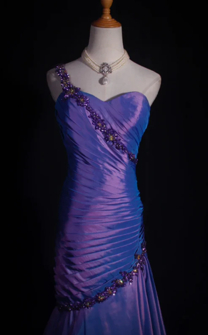 One Shoulder Mermaid Purple Long Prom Dresses Beaded Evening Gowns