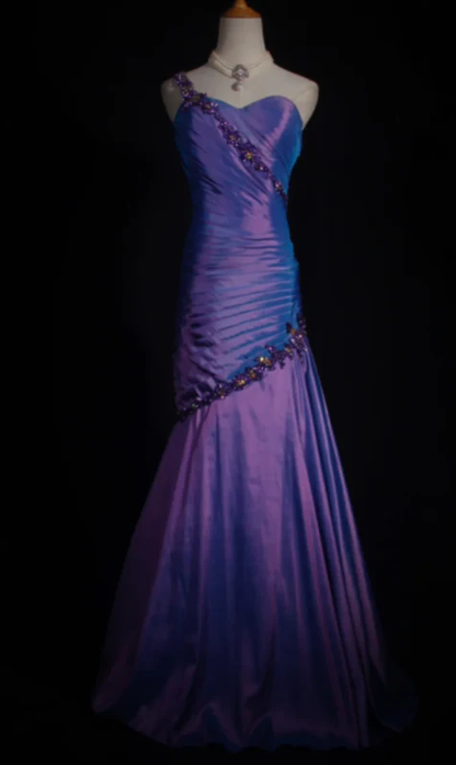 One Shoulder Mermaid Purple Long Prom Dresses Beaded Evening Gowns
