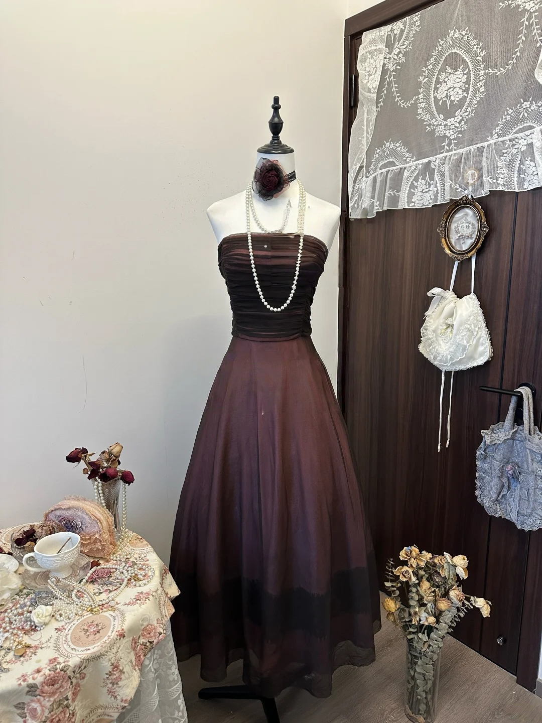 Vintage Strapless A Line Prom Dress Brown Formal Evening Party Outfit