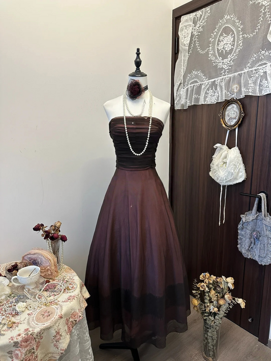 Vintage Strapless A Line Prom Dress Brown Formal Evening Party Outfit