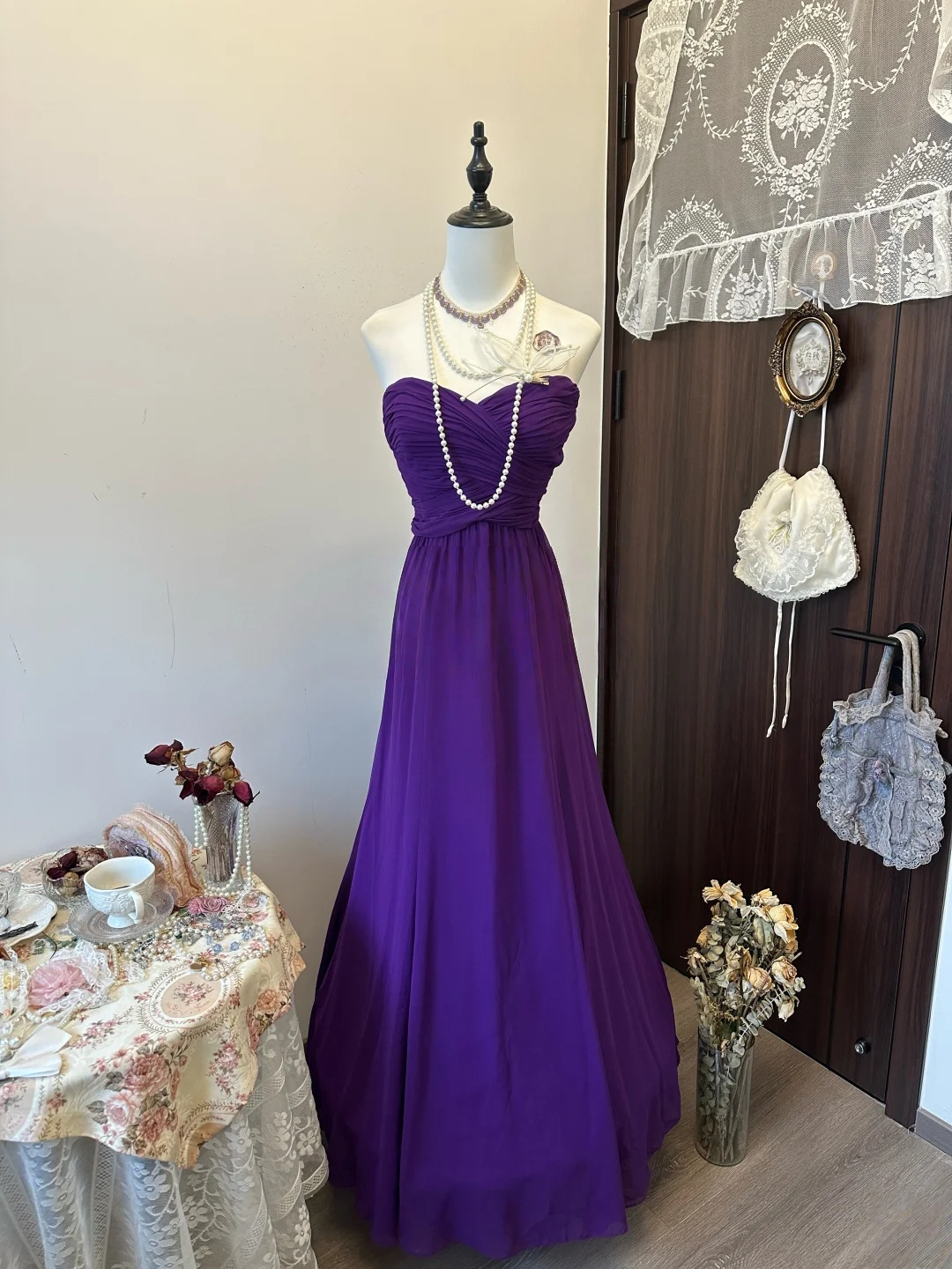 Strapless Purple Chiffon Prom Dress Formal Gown A Line
