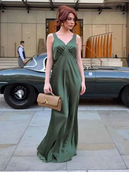 Simple Satin Dark Green V-Neck Maxi Dress Wedding Guest Dresses