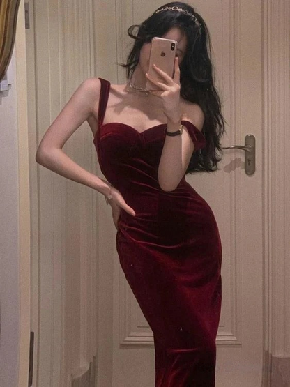 Sexy Sheath Wine Red Velvet Prom Dresses Date Night Dresses