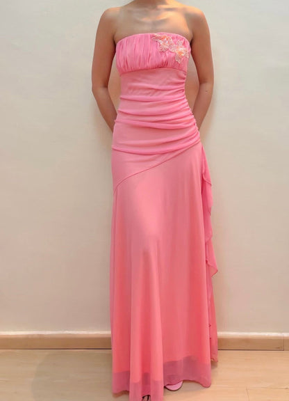 Strapless Sheath Pink Prom Dress Ruched A Line Chiffon Party Dresses