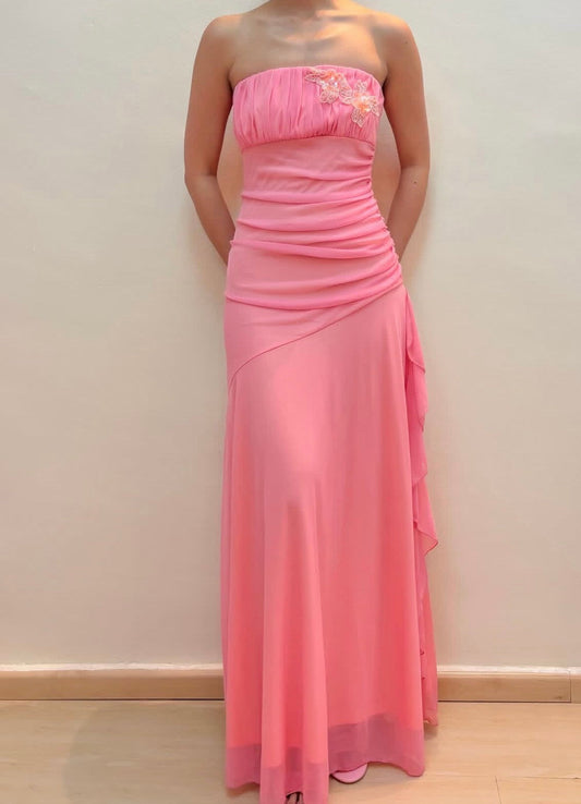 Strapless Sheath Pink Prom Dress Ruched A Line Chiffon Party Dresses