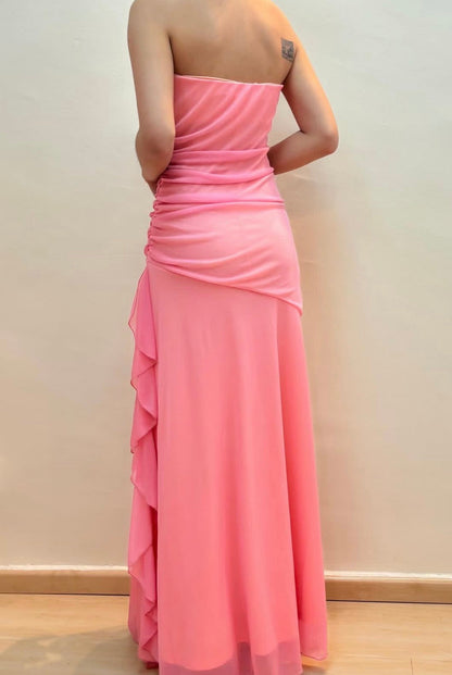 Strapless Sheath Pink Prom Dress Ruched A Line Chiffon Party Dresses