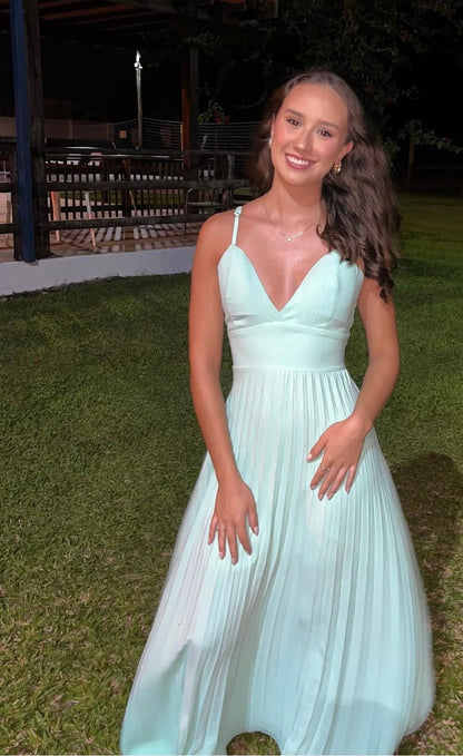Light Green V Neck Pleated Prom Dress A Line Chiffon Wedding Guest Dresses