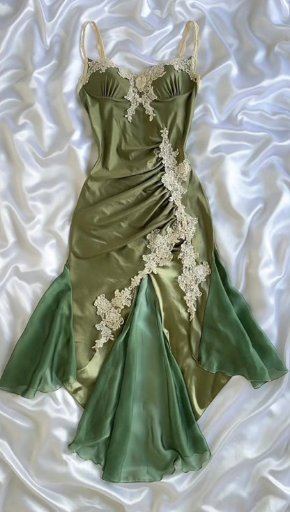 Olive Green Satin Prom Dress With Applique Vintage Formal Party Outfit