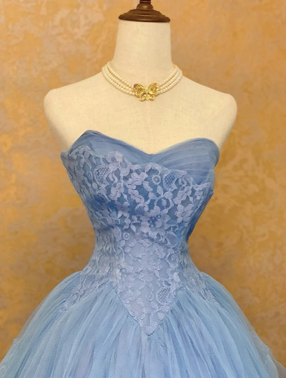 Sweetheart Blue Tulle Lace Sweetheart Layered Blue Long Prom Dress