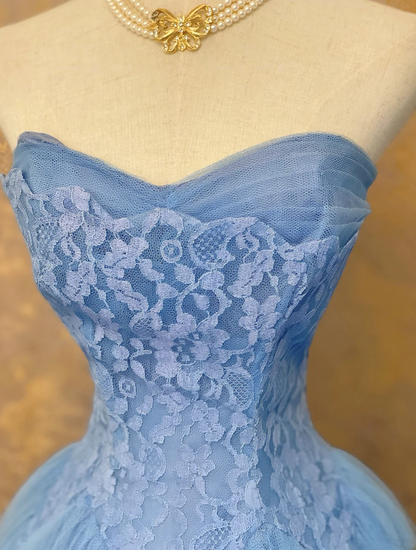 Sweetheart Blue Tulle Lace Sweetheart Layered Blue Long Prom Dress