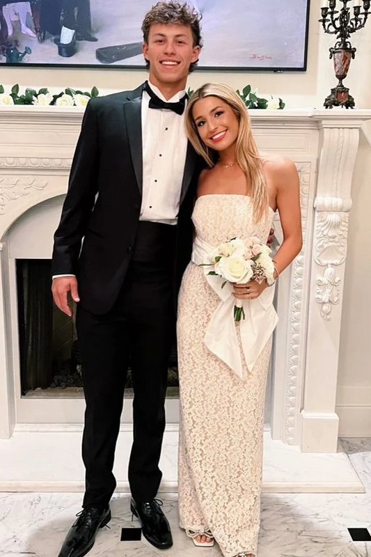 Strapless Lace Long Prom Dress With Big Bow Fitted Graduation Gown