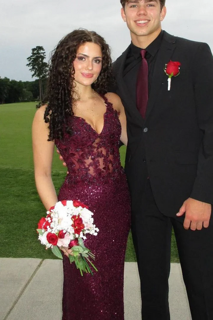 V-Neck Sequins Appliques Fitted Long Prom Dress Designer Evening Gowns