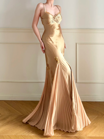 Luxury Backless Gold Prom Dresses Formal Pleated Formal Occasion Dress