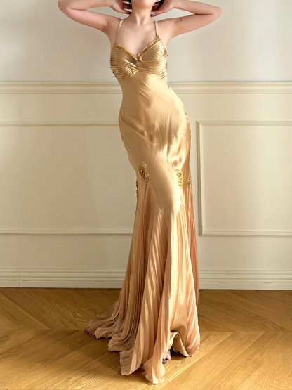 Luxury Backless Gold Prom Dresses Formal Pleated Formal Occasion Dress