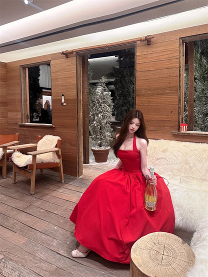 Halter A Line Satin Long Prom Dress Red Midi Evening Dresses Birthday Dress