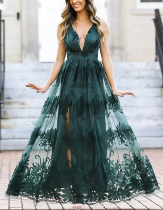 Spaghetti Straps A-line Prom Dresses With Slit Embroidered Mesh Maxi Dress