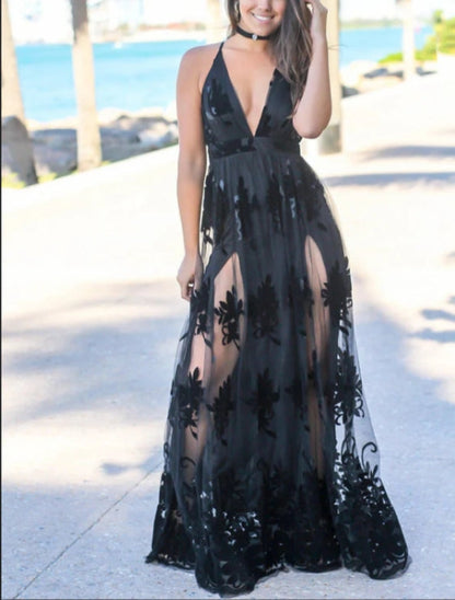 Spaghetti Straps A-line Prom Dresses With Slit Embroidered Mesh Maxi Dress