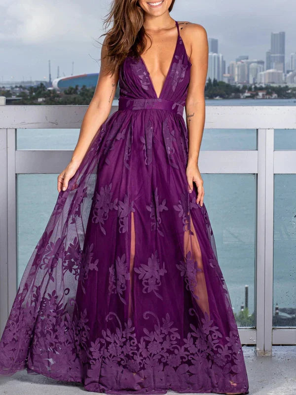 Spaghetti Straps A-line Prom Dresses With Slit Embroidered Mesh Maxi Dress