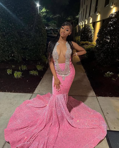 Shiny Pink Beaded Sequins Prom Dresses Mermaid Formal Occasion Dress