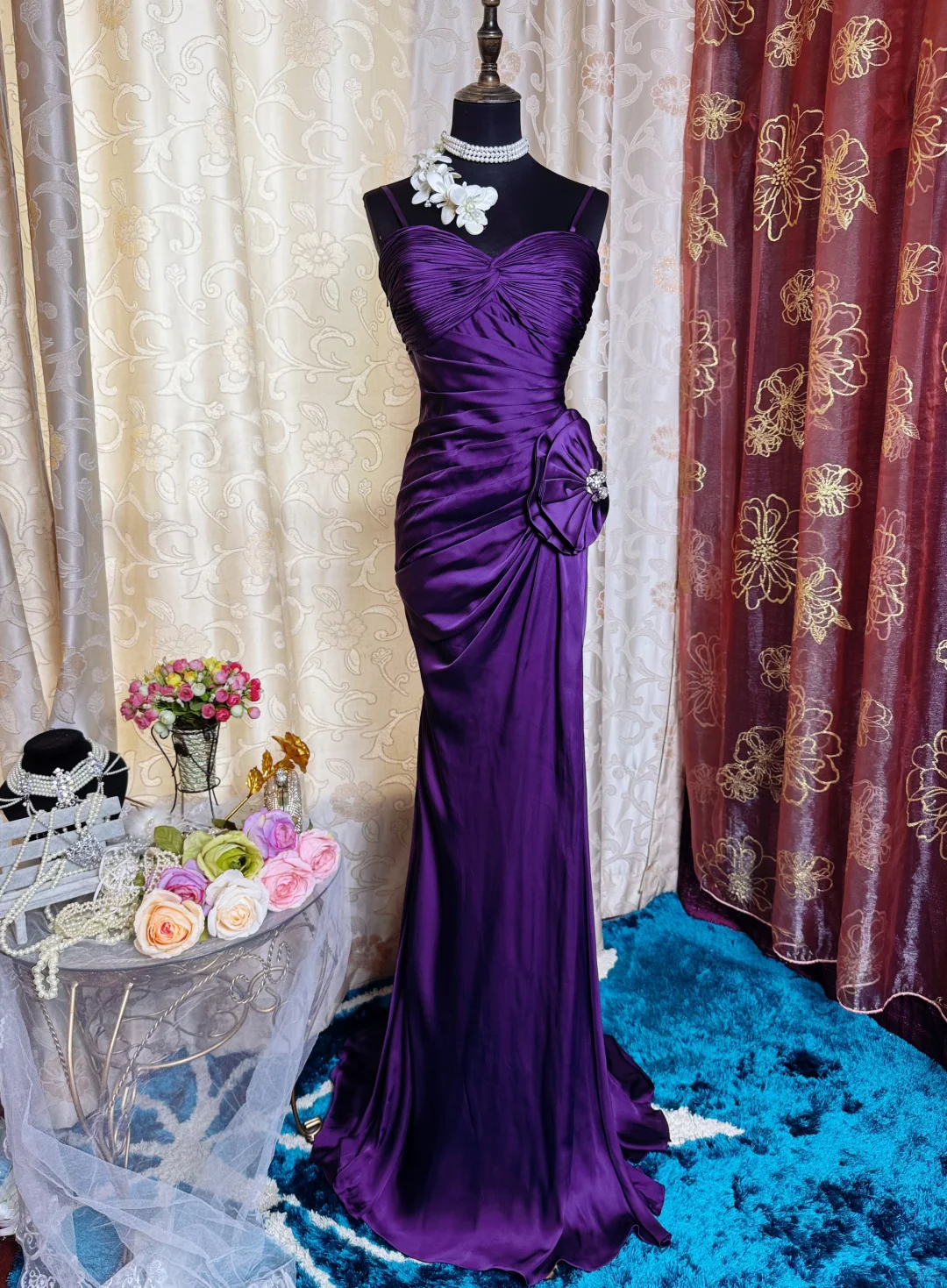 Sexy Spaghetti Straps Satin Pleated Slit Long Prom Dress Purple Mermaid Evening Gown
