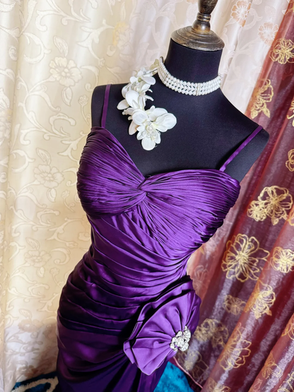 Sexy Spaghetti Straps Satin Pleated Slit Long Prom Dress Purple Mermaid Evening Gown