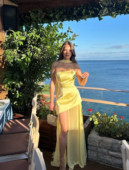 Yellow A Line Casual Prom Dresses Chiffon Wedding Guest Dress with Slit