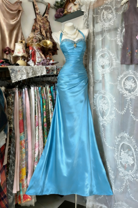 Vintage Halter Mermaid Long Prom Dresses Beaded Satin Blue Evening Dress Birthday Gown