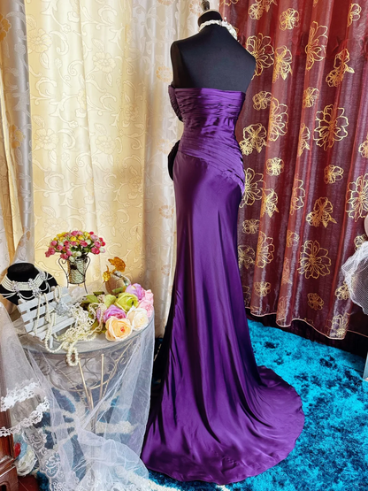 Sexy Spaghetti Straps Satin Pleated Slit Long Prom Dress Purple Mermaid Evening Gown