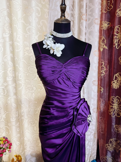 Sexy Spaghetti Straps Satin Pleated Slit Long Prom Dress Purple Mermaid Evening Gown