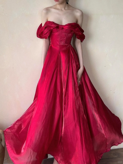 Classy A Line Party Dress Outfits Off the Shoulder Satin Long Prom Dress
