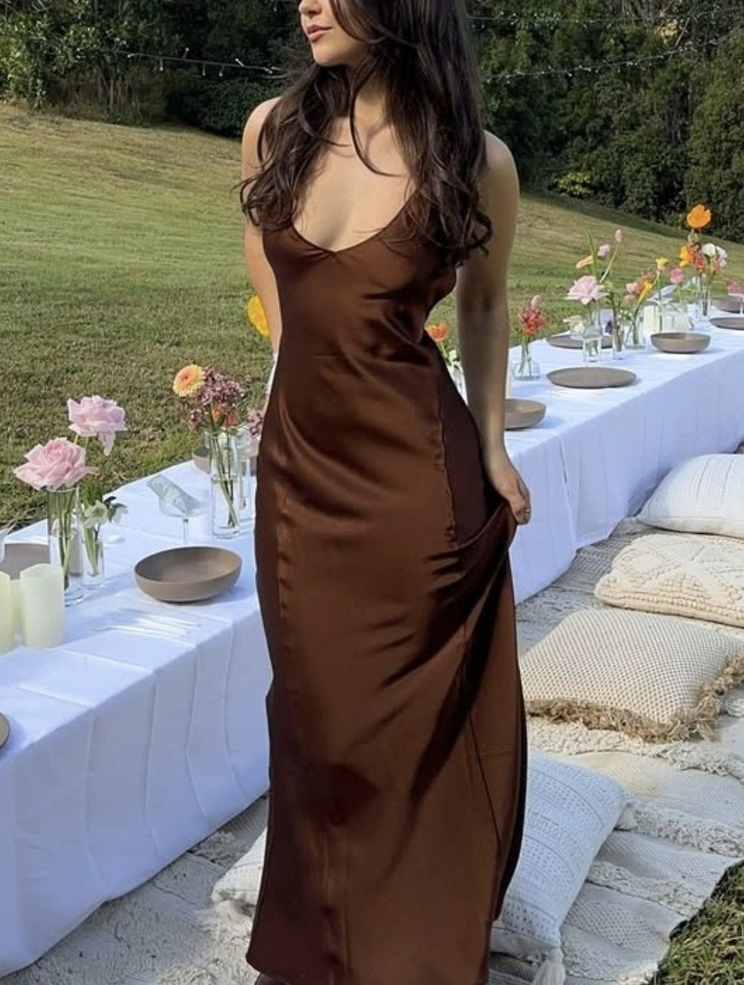 Brown V Neck Satin Long Wedding Guest Dress Formal Party Gowns