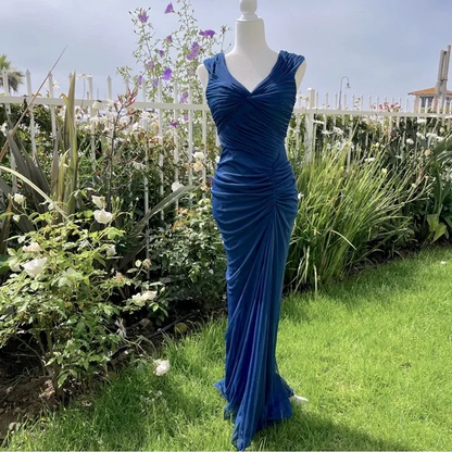 Vintage Mermaid V Neck Navy Blue Prom Outfit Floor Length Formal Dress Woman Elegant