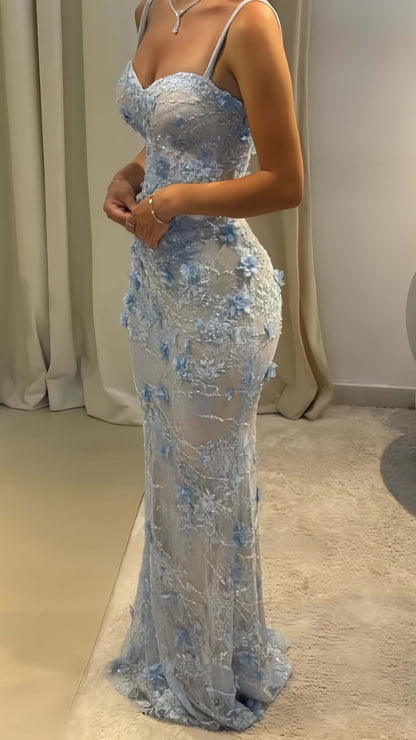 Floral Prom Dresses Mermaid Light Blue Formal Evening Gown Lace