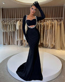 Designers Black Long Sleeves Sweetheart Beads Crystal Mermaid Prom Formal Dress