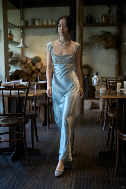 Elegant Blue Sheath Party Dress Straps Beaded Satin Long Formal Dresses