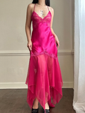 Hot Pink A Line Prom Dress Spaghetti Strap V Neck Formal Dresses