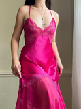 Hot Pink A Line Prom Dress Spaghetti Strap V Neck Formal Dresses