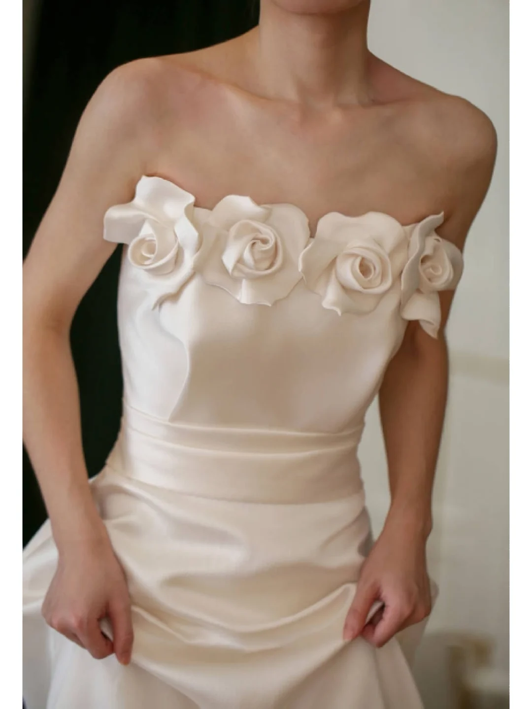 Beautiful A Line Strapless White Satin Wedding Dress Long