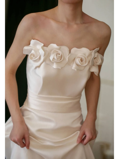 Beautiful A Line Strapless White Satin Wedding Dress Long