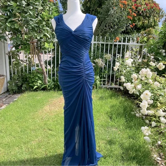 Vintage Mermaid V Neck Navy Blue Prom Outfit Floor Length Formal Dress Woman Elegant