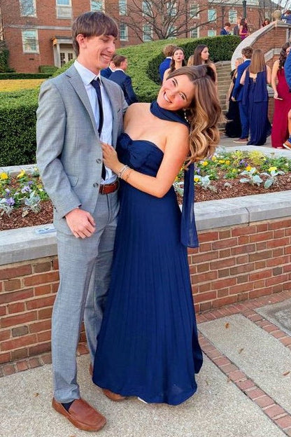 Navy Blue Strapless Chiffon Party Prom Dress with Scarf