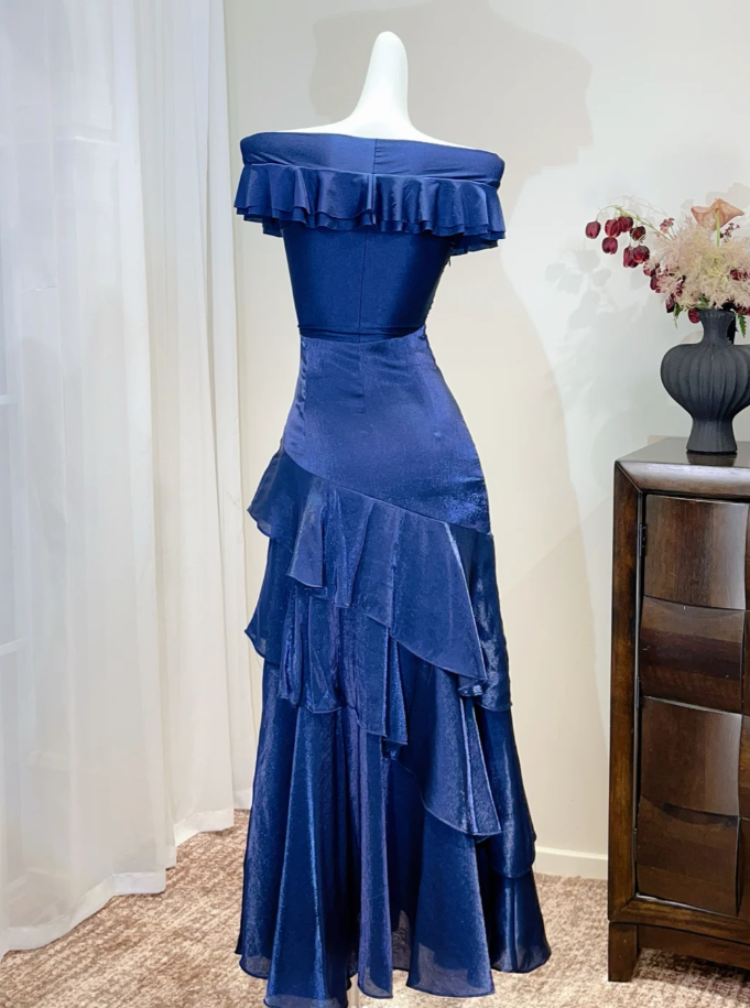 Navy Blue Sheath Long Prom Dresses Satin Off-shoulder Evening Gowns Dramatic Ruffles Birthday Dress