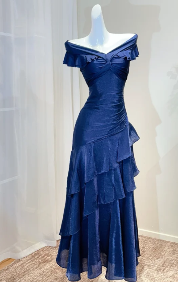 Navy Blue Sheath Long Prom Dresses Satin Off-shoulder Evening Gowns Dramatic Ruffles Birthday Dress