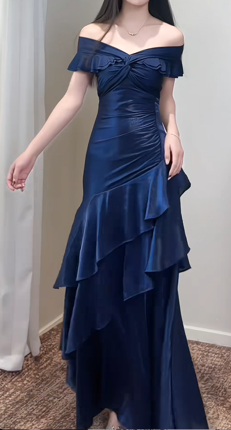 Navy Blue Sheath Long Prom Dresses Satin Off-shoulder Evening Gowns Dramatic Ruffles Birthday Dress