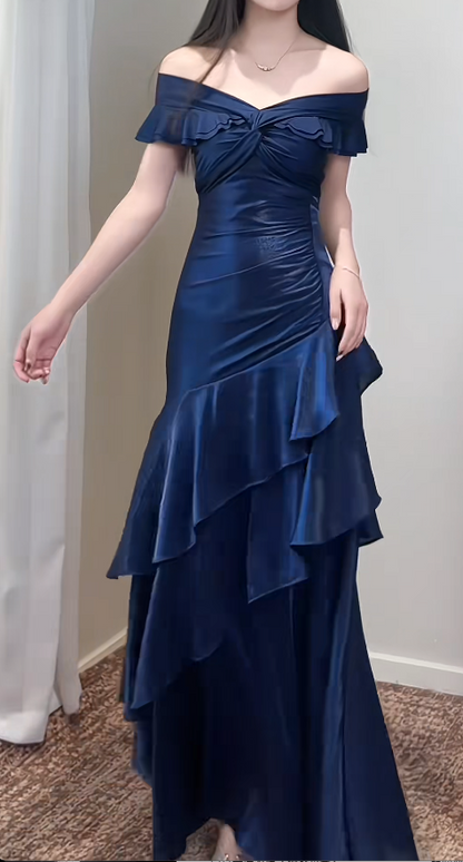 Navy Blue Sheath Long Prom Dresses Satin Off-shoulder Evening Gowns Dramatic Ruffles Birthday Dress