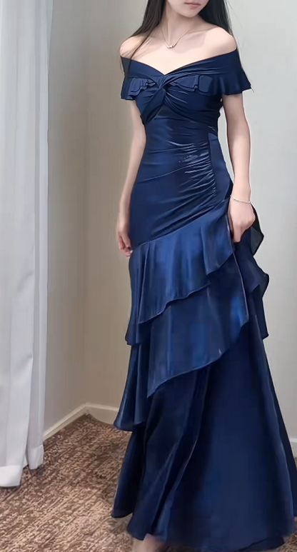 Navy Blue Sheath Long Prom Dresses Satin Off-shoulder Evening Gowns Dramatic Ruffles Birthday Dress