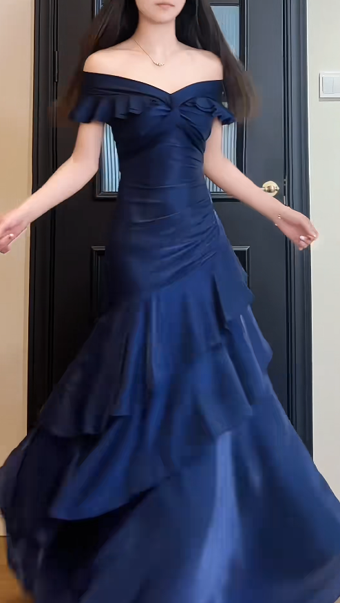 Navy Blue Sheath Long Prom Dresses Satin Off-shoulder Evening Gowns Dramatic Ruffles Birthday Dress