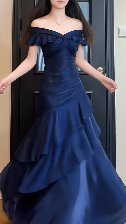 Navy Blue Sheath Long Prom Dresses Satin Off-shoulder Evening Gowns Dramatic Ruffles Birthday Dress