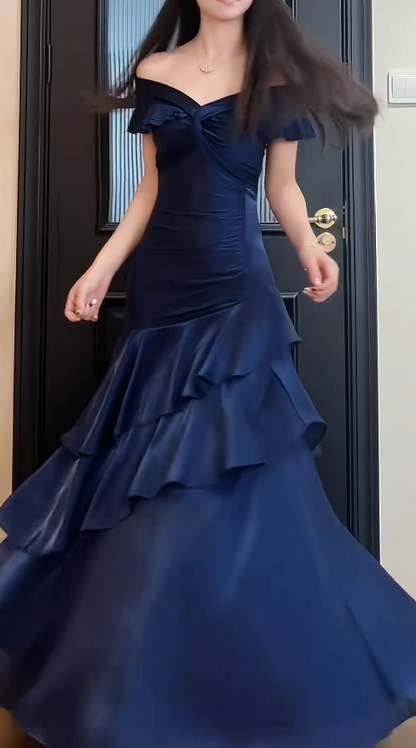 Navy Blue Sheath Long Prom Dresses Satin Off-shoulder Evening Gowns Dramatic Ruffles Birthday Dress